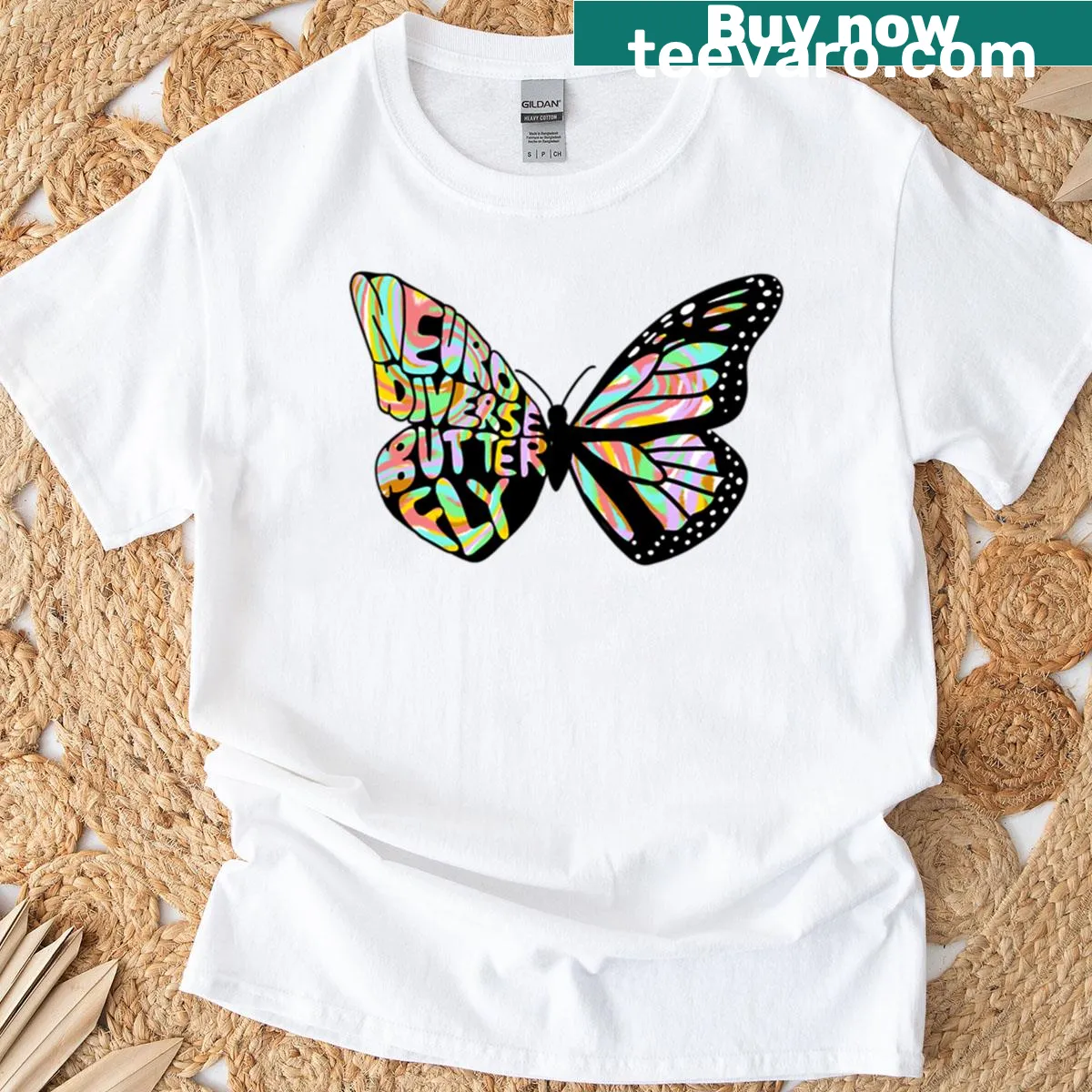 Butterfly design illustrating neurodiversity on T-shirt — on a men's t-shirt