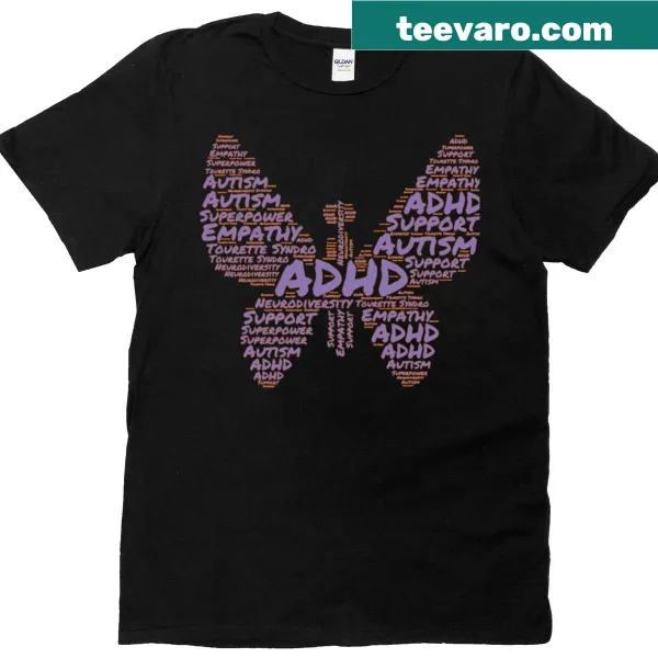 Butterfly T-shirt promoting neurodiversity and empathy with word art
