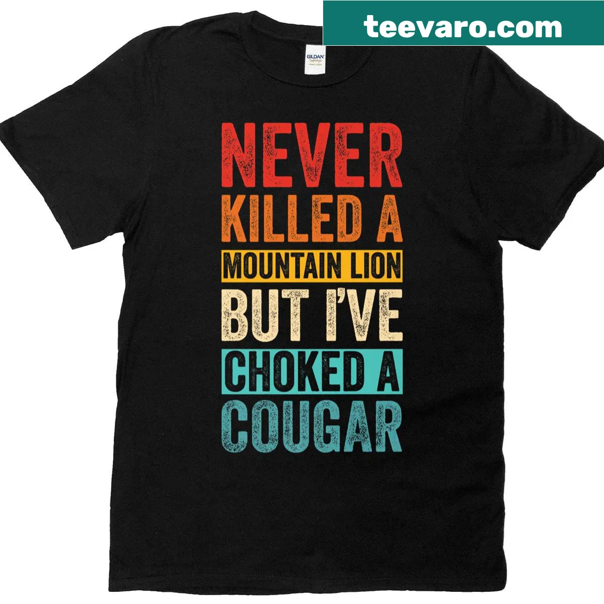 Humorous shirt with text about cougars and mountain lions — on a men's t-shirt