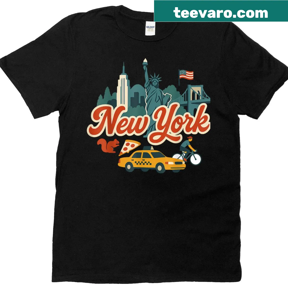 Vintage NYC t-shirt featuring iconic city landmarks in a retro design — on a men's t-shirt