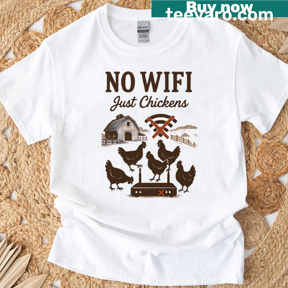 Funny farm life T-shirt declaring no WiFi, just chickens — on a men's t-shirt
