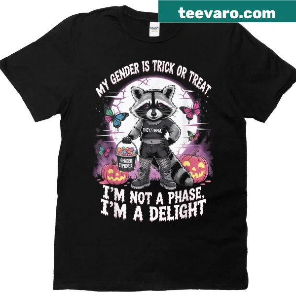 Raccoon Halloween tee with non-binary pronouns message