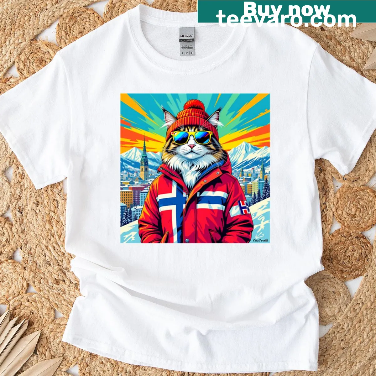 Illustration of a Norwegian Forest Cat in an urban setting — on a men's t-shirt