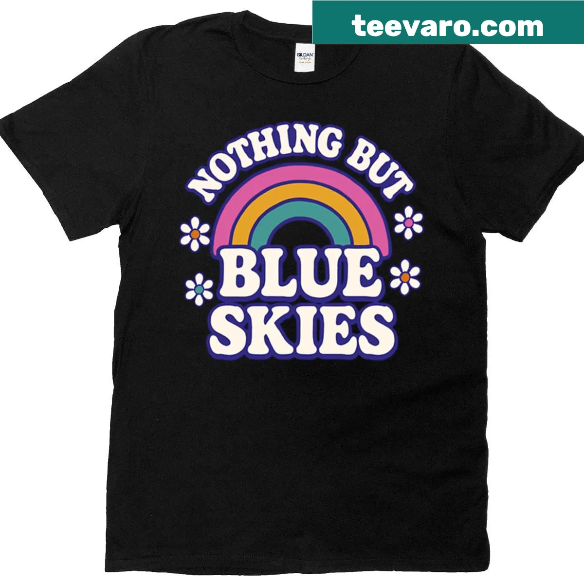 Vintage-style T-shirt with a blue sky graphic — on a men's t-shirt