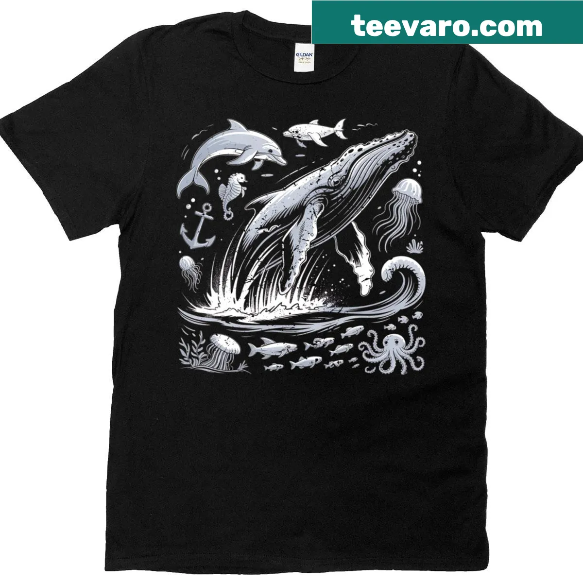 Vintage T-shirt featuring ocean life with whales and dolphins — on a men's t-shirt