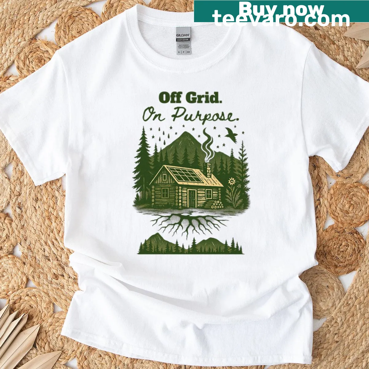 Off-grid lifestyle graphic T-shirt — on a men's t-shirt