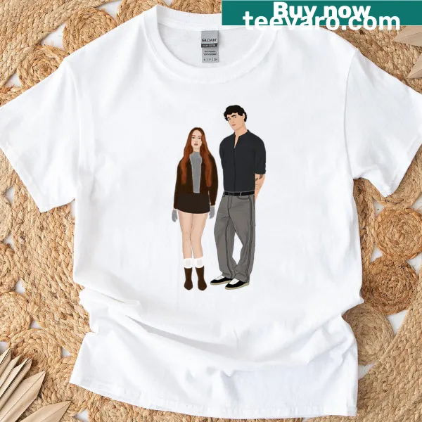 Whimsical illustration of Ophelia Winters and Alex Corbeau on a t-shirt.