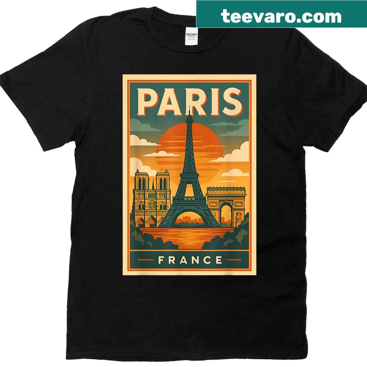 Vintage travel poster design featuring Paris landmarks — on a men's t-shirt