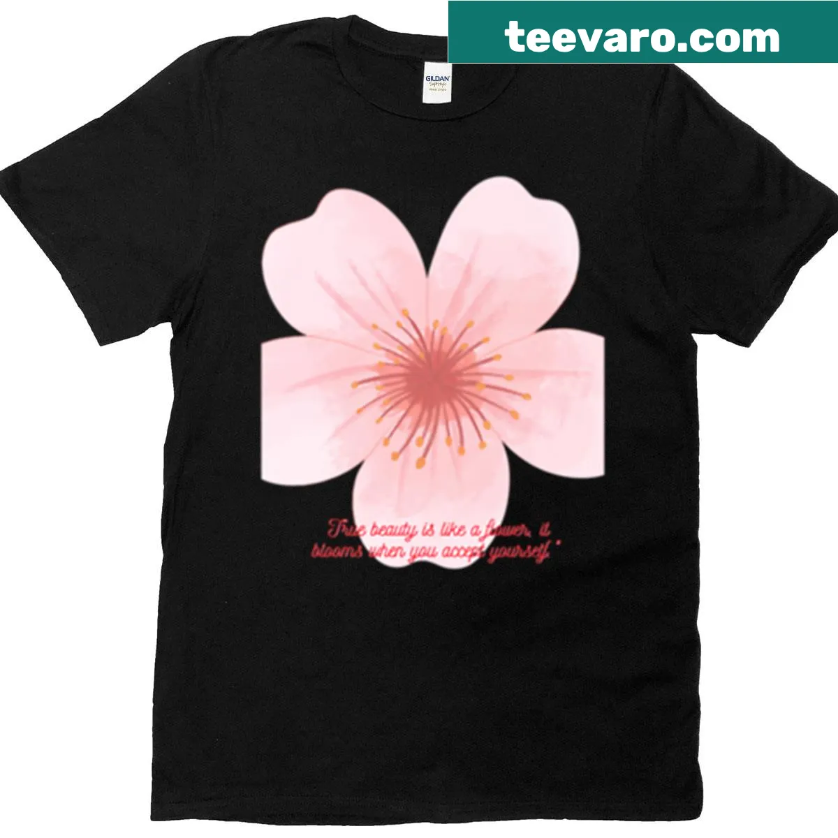 Pink flower graphic with empowering quote on T-shirt — on a men's t-shirt
