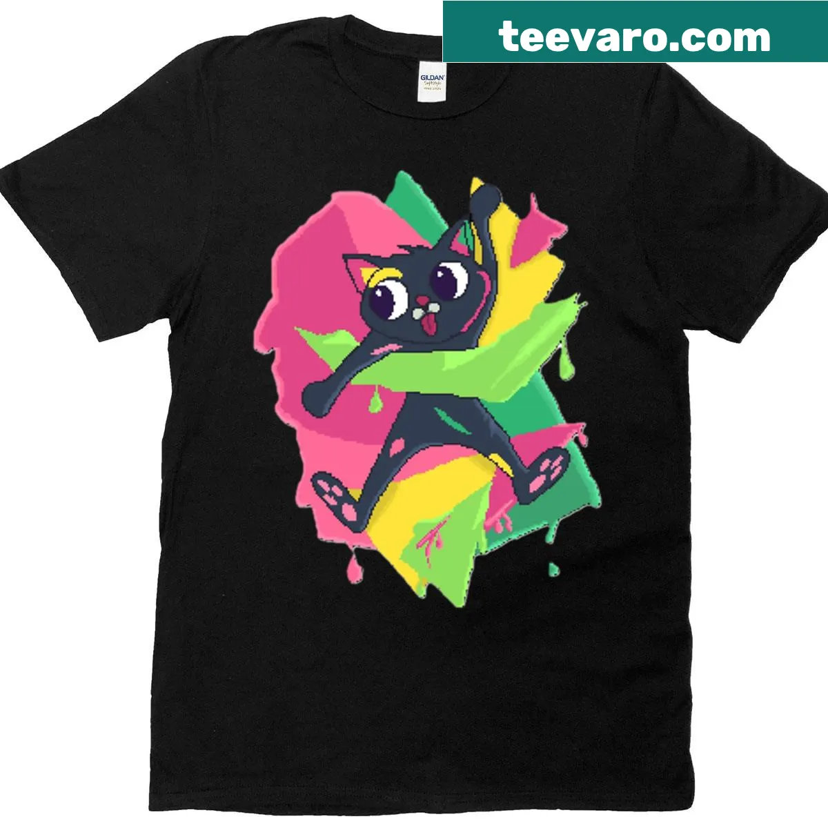 Pixel art cat graphic T-shirt for cat lovers and gamers — on a men's t-shirt