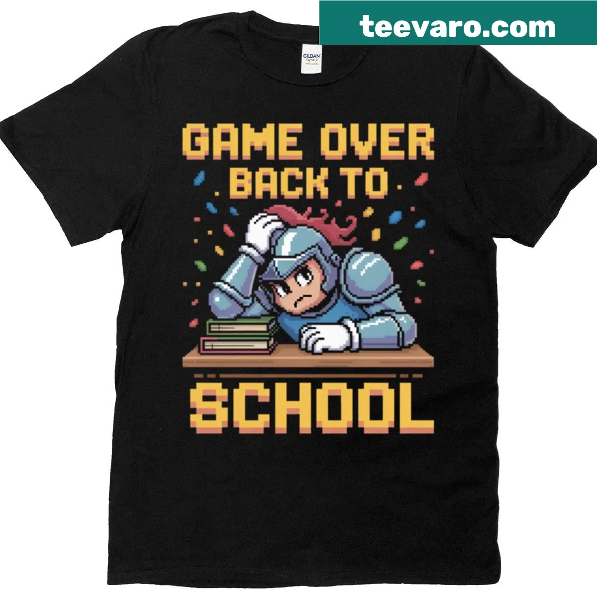 Funny T-shirt with a pixel art knight and 'Game Over' text — on a men's t-shirt