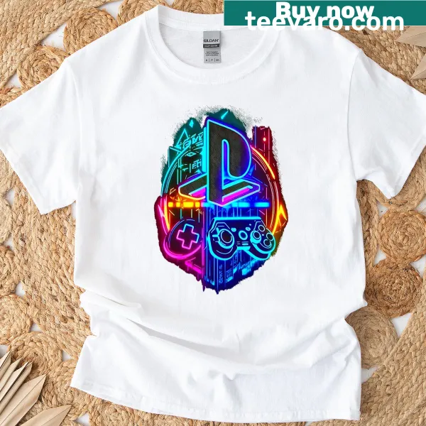 Neon illustrated PlayStation controller graphic on a casual t-shirt.