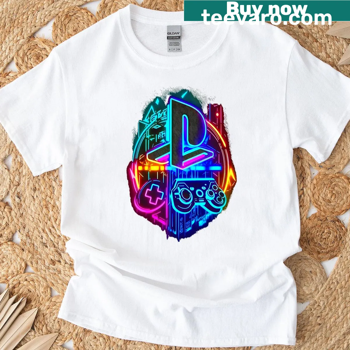 Neon illustrated PlayStation controller graphic on a casual t-shirt. — on a men's t-shirt