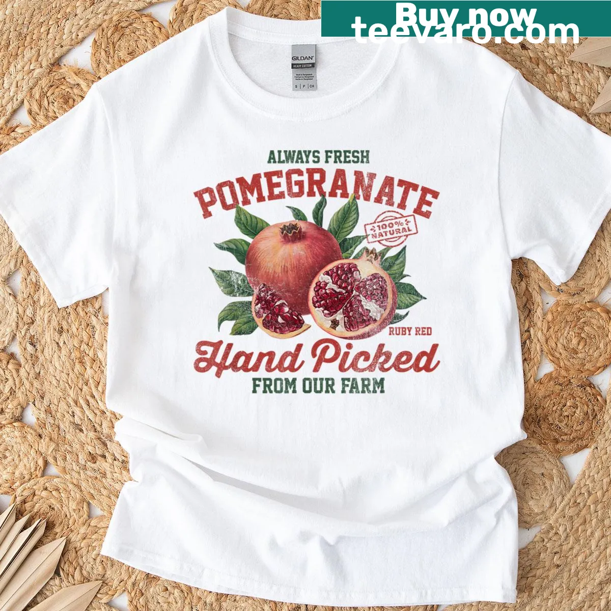 Vintage-style pomegranate and peach graphic on distressed t-shirt — on a men's t-shirt