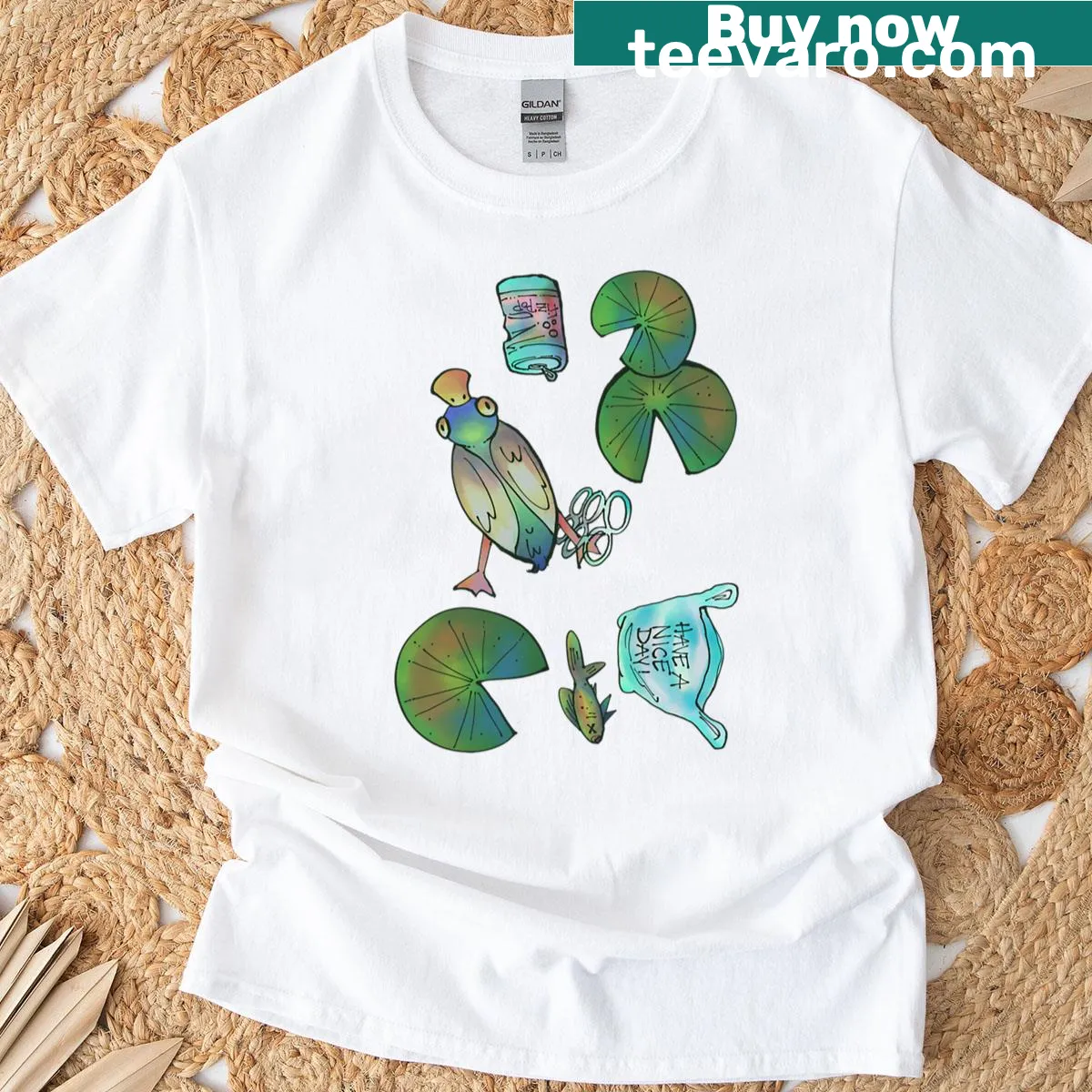 Funny Pond Scum t-shirt with whimsical nature-themed illustration — on a men's t-shirt