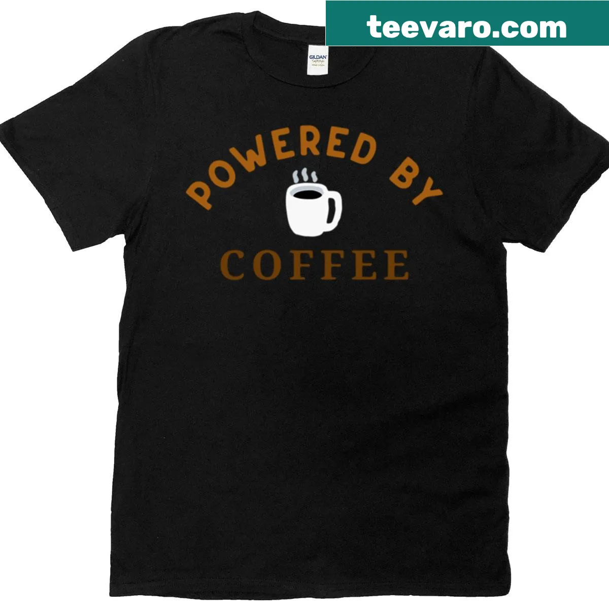 Funny T-shirt with 'Powered By Coffee' text for coffee lovers — on a men's t-shirt