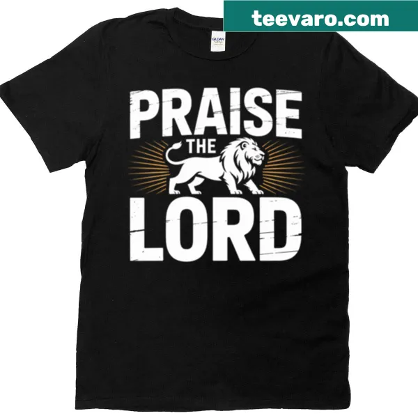 Lion graphic t-shirt with 'Praise The Lord' text