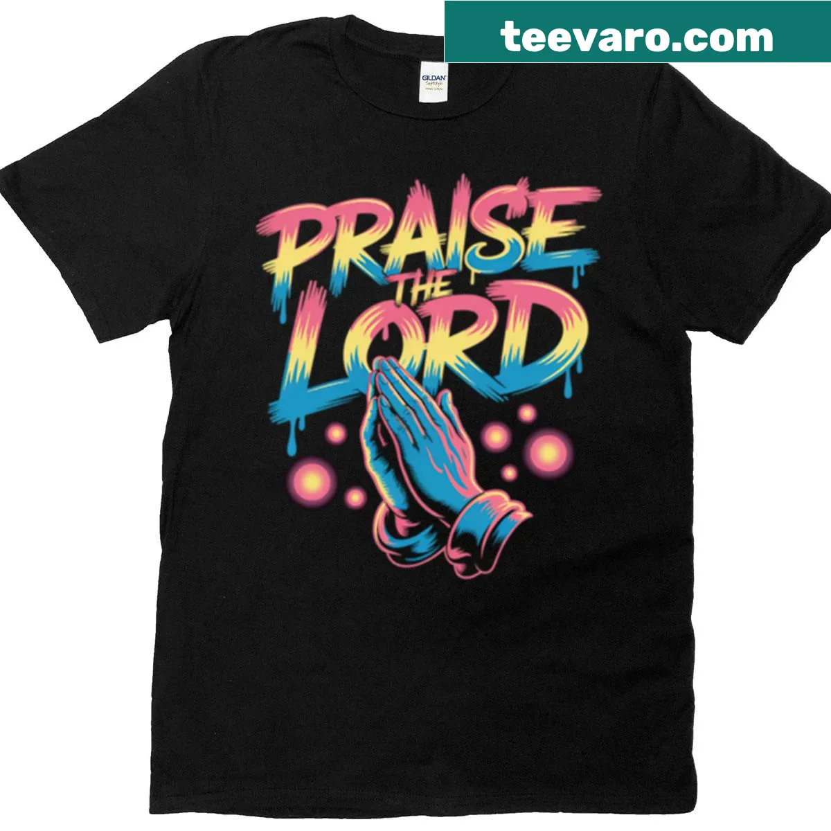 Praying hands graphic on faith-themed t-shirt — on a men's t-shirt
