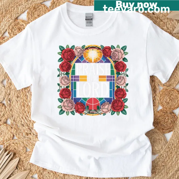 Stained glass style t-shirt with roses and a faith-based message