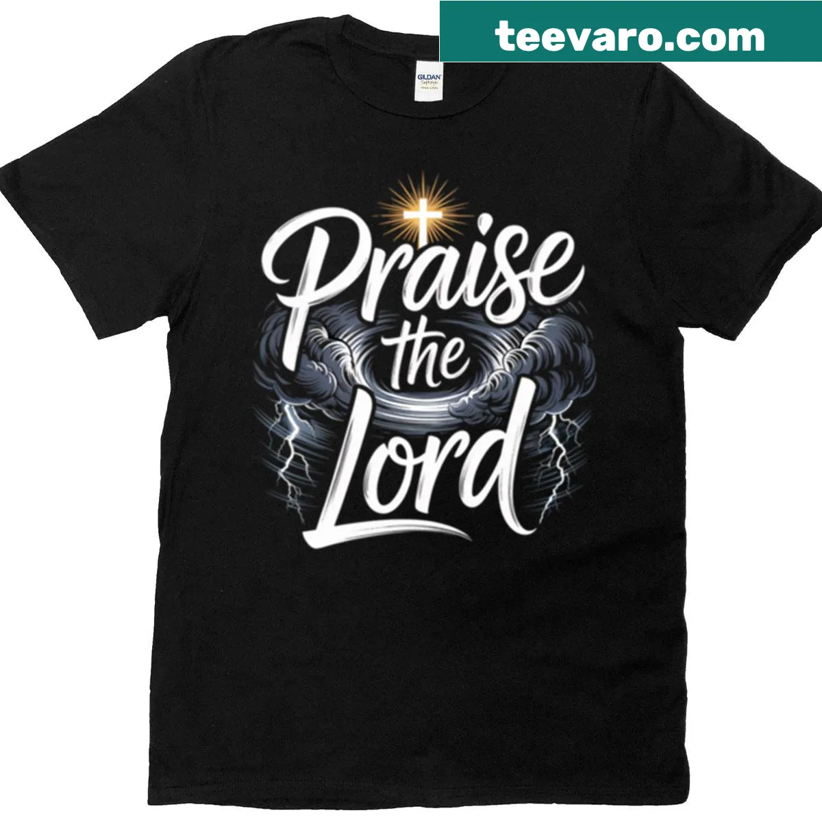 T-shirt with 'Praise The Lord' text and thunderstorm clouds graphic — on a men's t-shirt