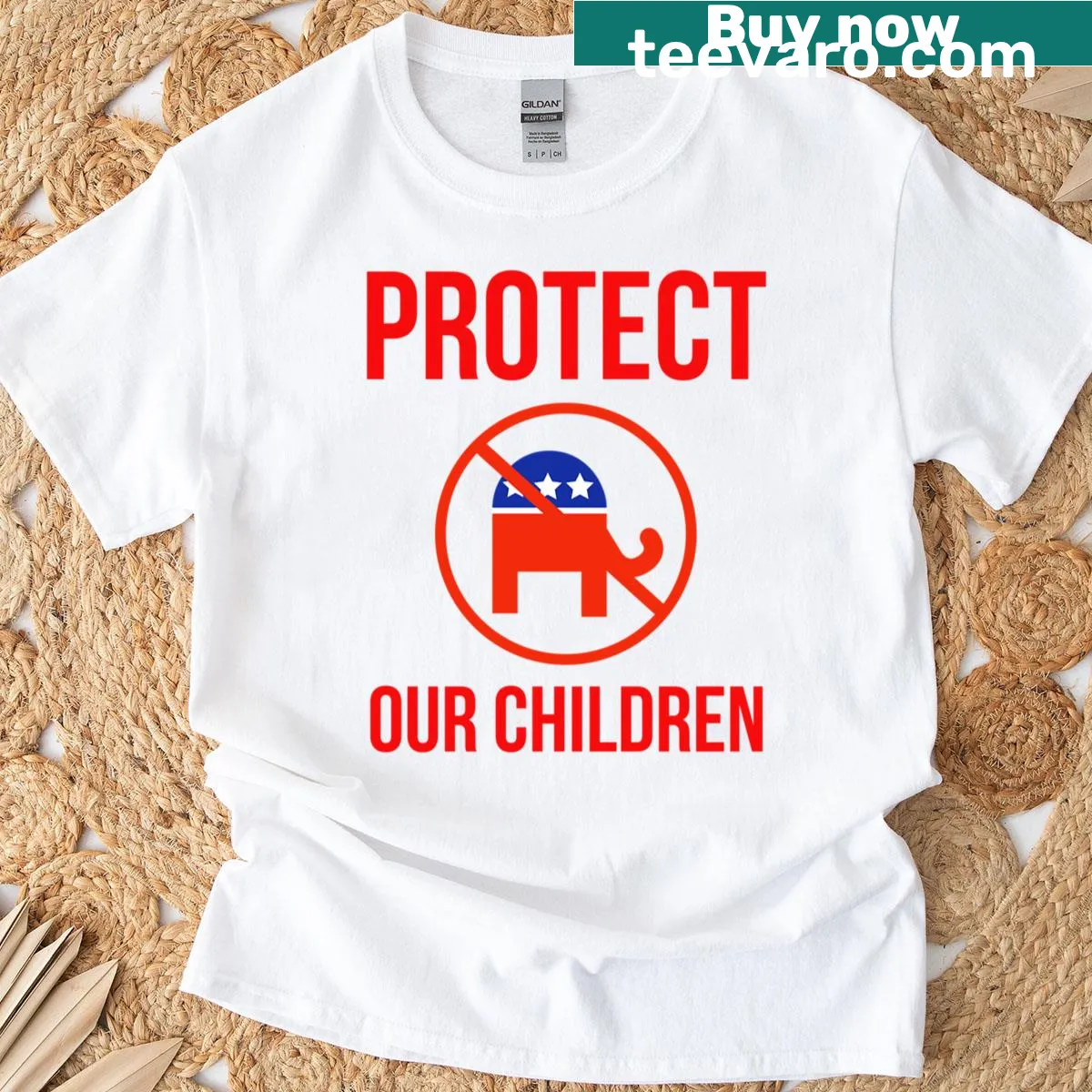 T-shirt with bold typography saying 'Protect Our Children' — on a men's t-shirt