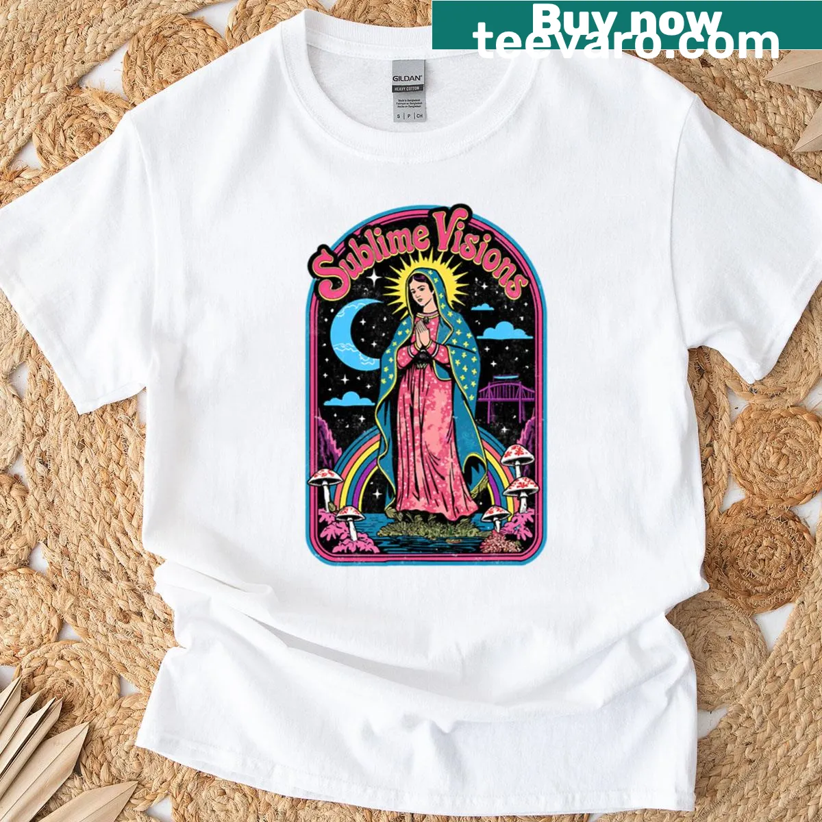 Psychedelic Guadalupe graphic T-shirt with retro art design — on a men's t-shirt
