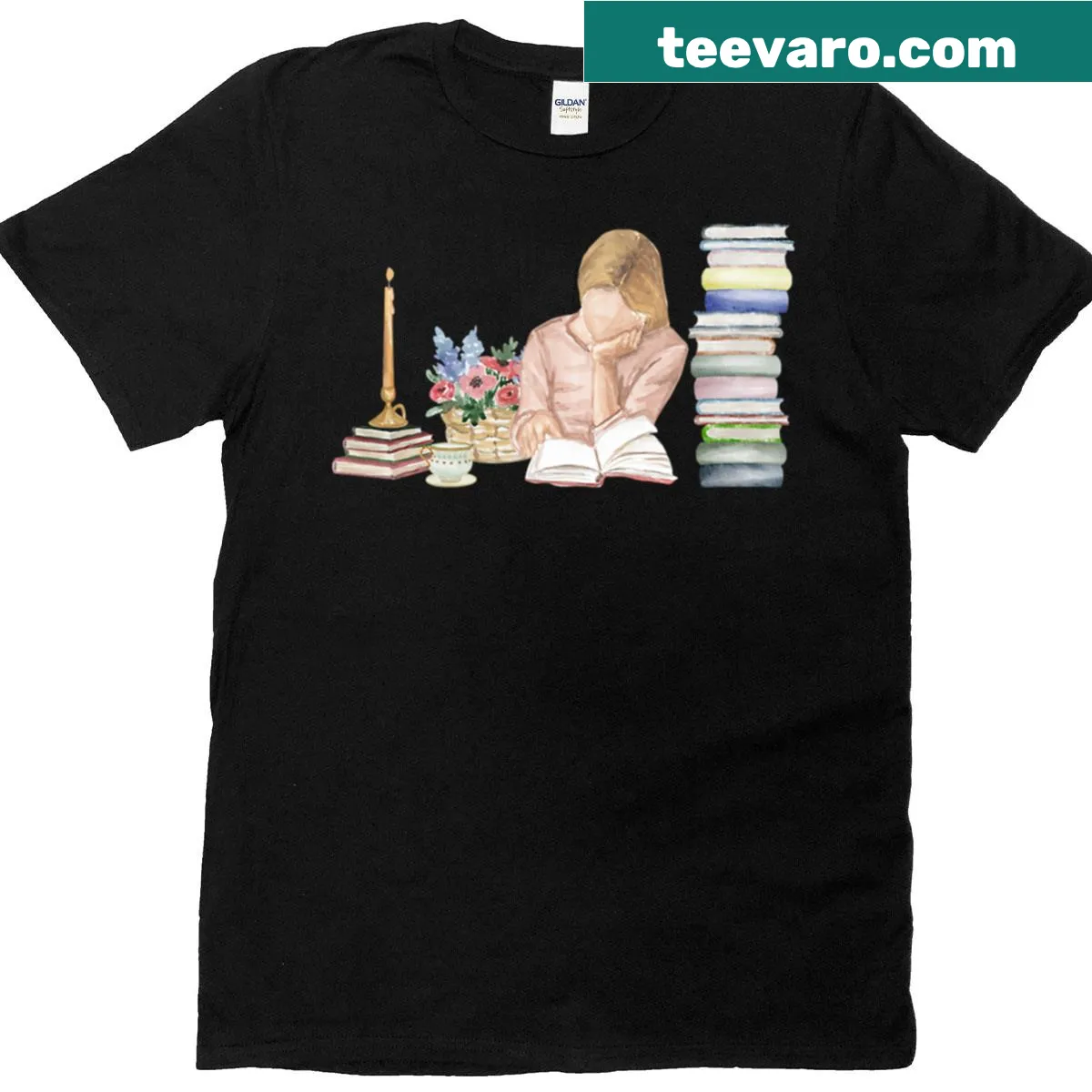 Watercolor illustration of a girl reading in a cozy setting — on a men's t-shirt