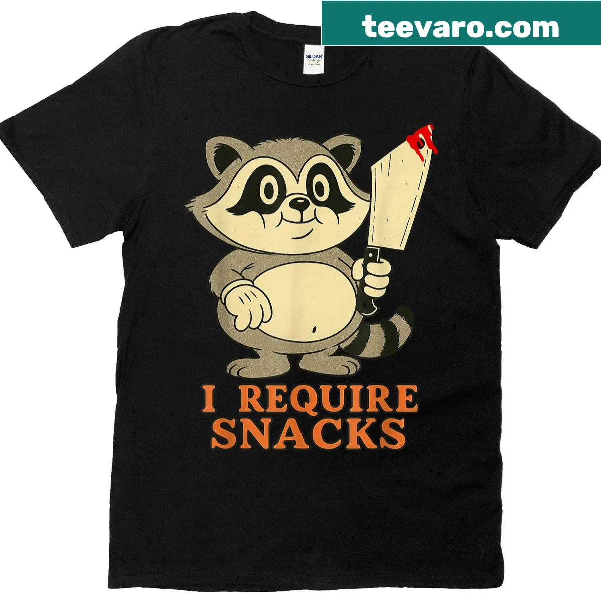 Funny raccoon t-shirt with the phrase 'I Require Snacks' — on a men's t-shirt