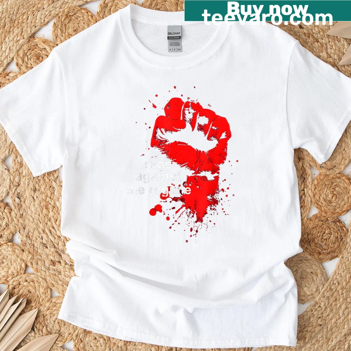 Typography t-shirt featuring the phrase 'Rage Against The Regime'. — on a men's t-shirt