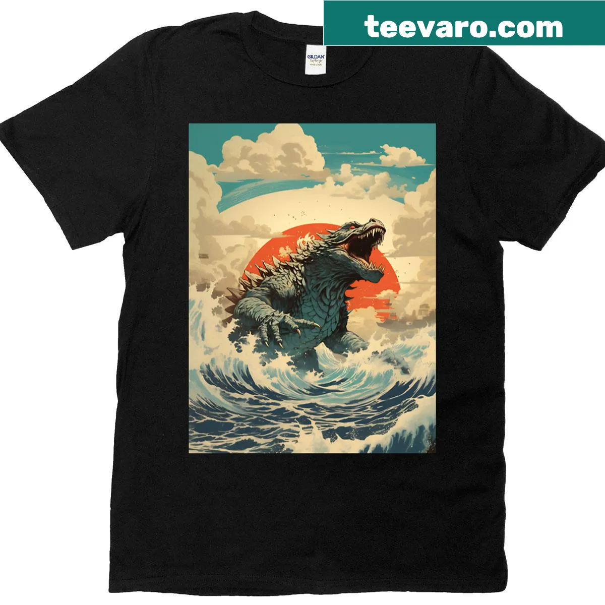 Godzilla graphic rising from the ocean in a bold illustration — on a men's t-shirt