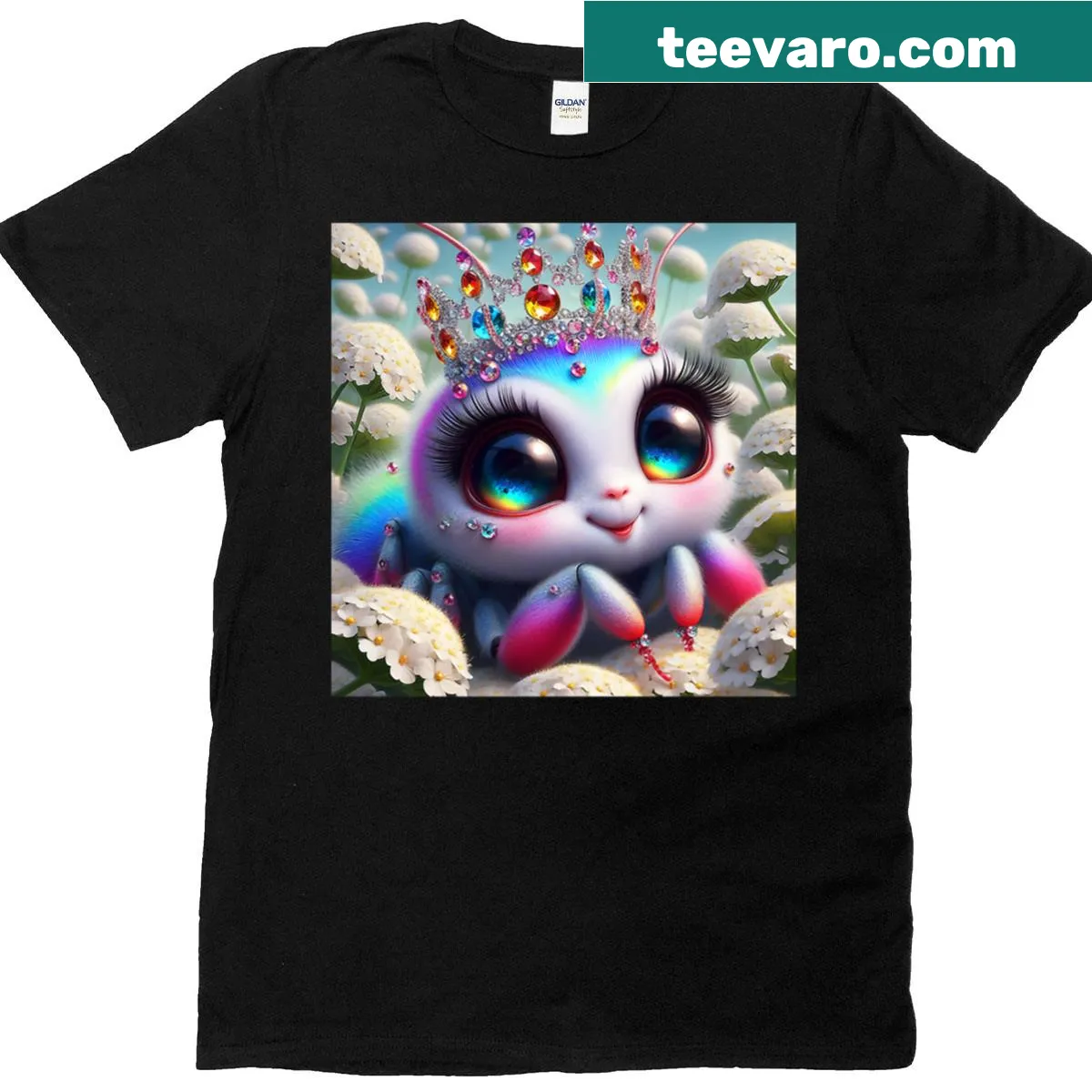 Cute T-shirt with spider princess on white flowers design — on a men's t-shirt