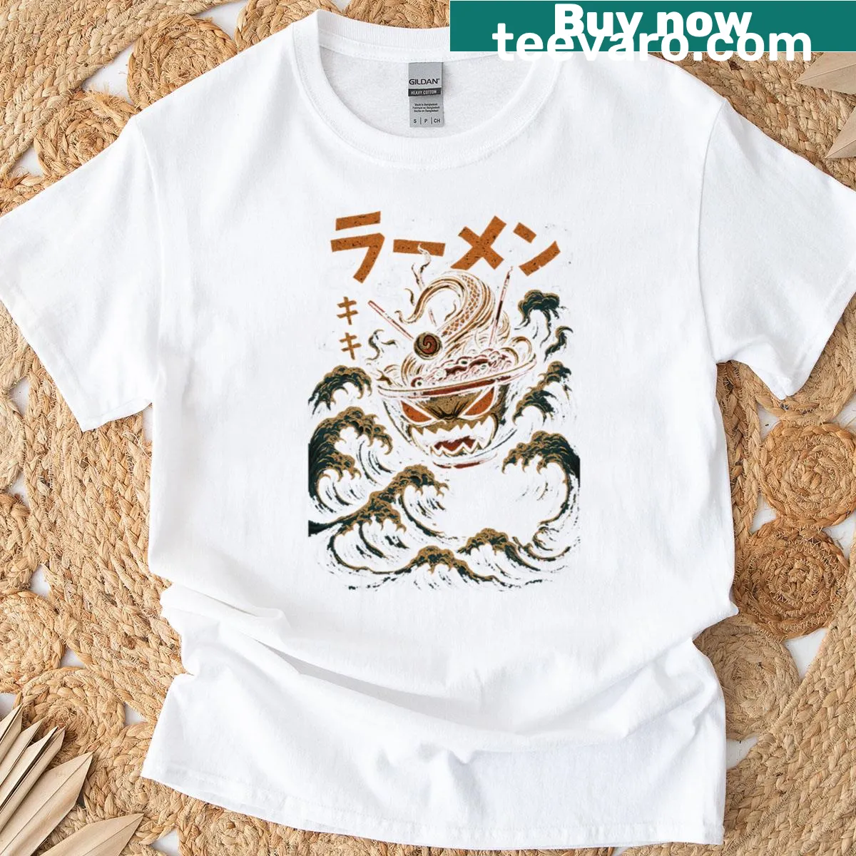 Ukiyoe inspired ramen and wave graphic t-shirt — on a men's t-shirt