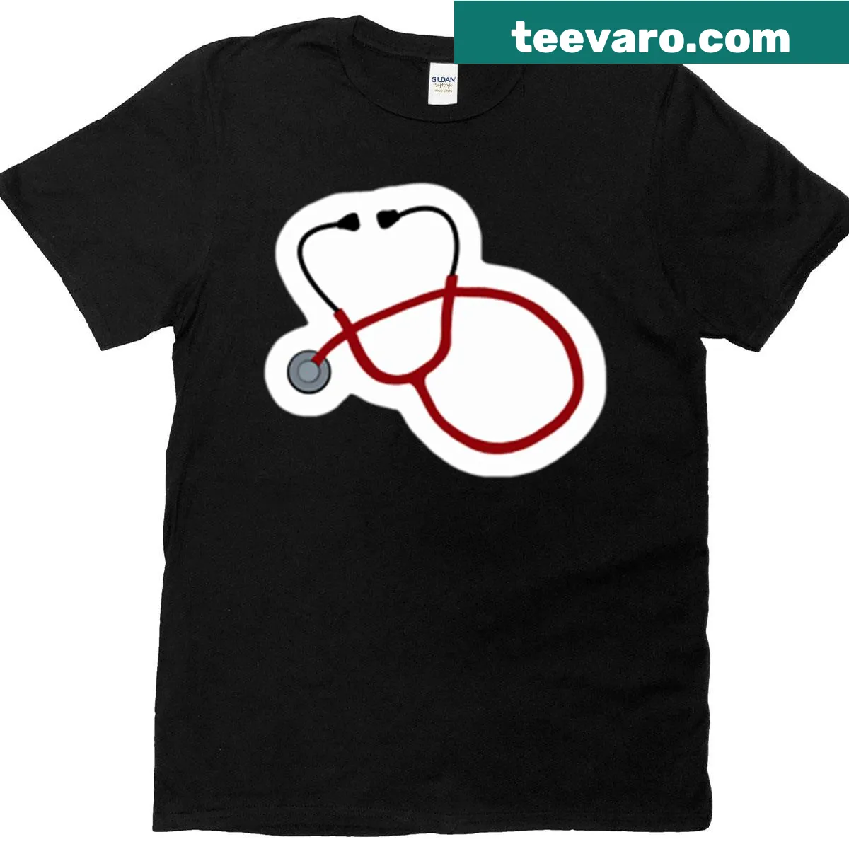 T-shirt featuring a red stethoscope graphic — on a men's t-shirt