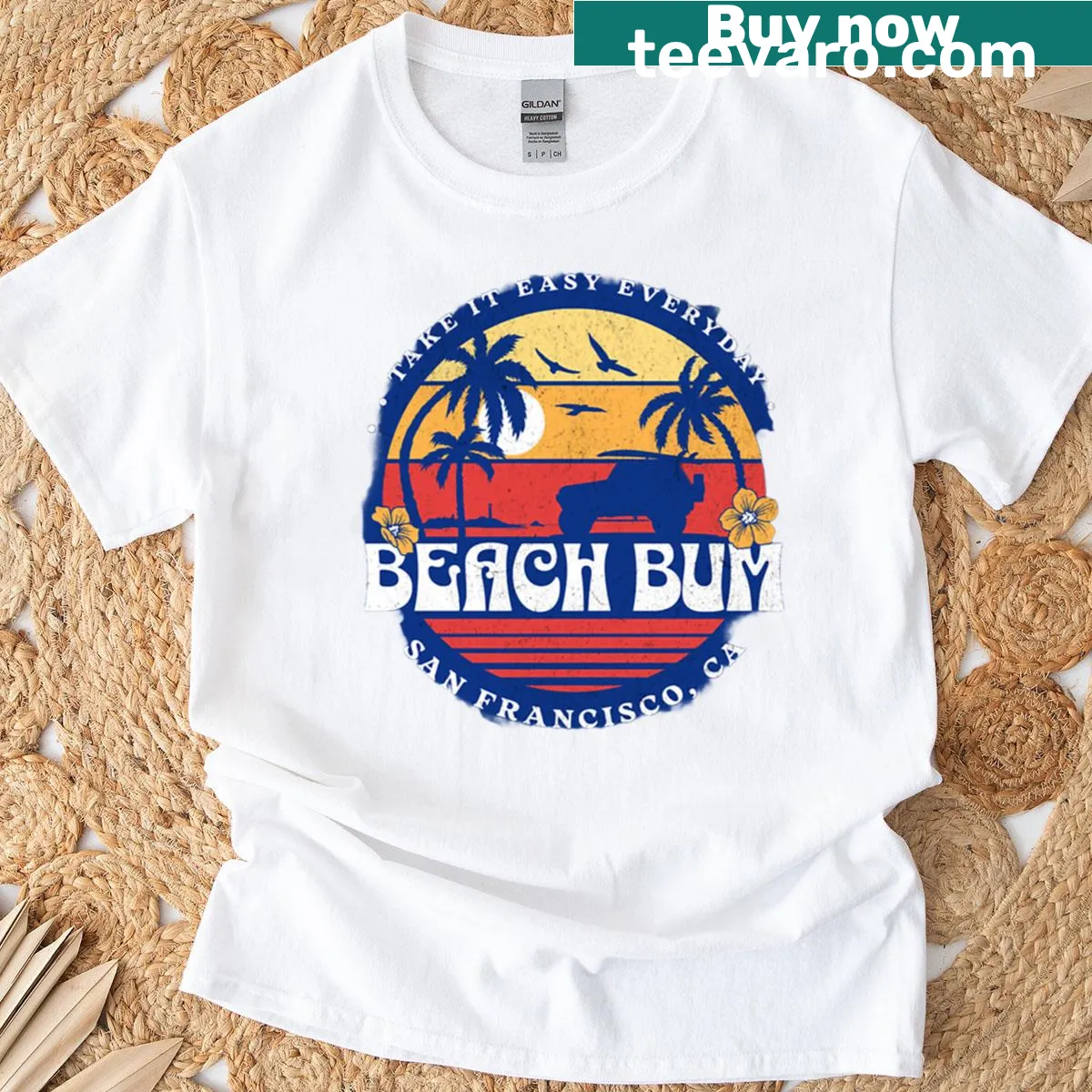Retro beach scene with sunset and palm trees graphic — on a men's t-shirt