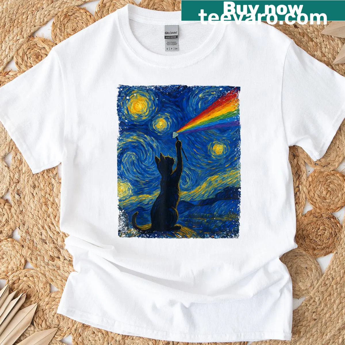 Retro T-shirt featuring a cat with rock music elements — on a men's t-shirt