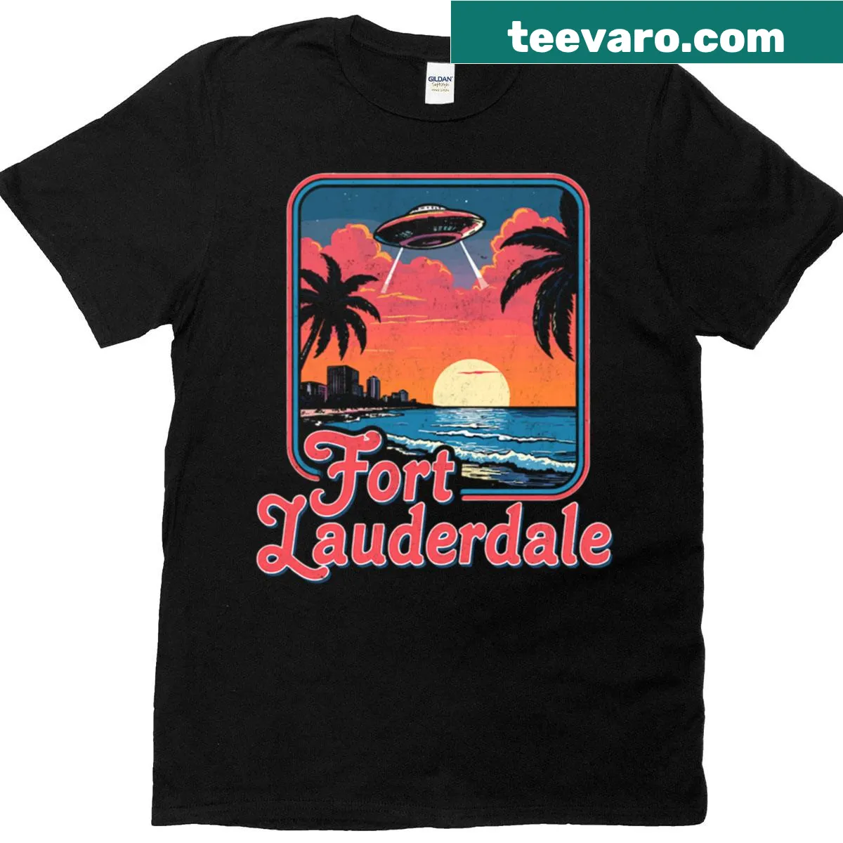 Funny travel T-shirt featuring a UFO over a sunset design — on a men's t-shirt