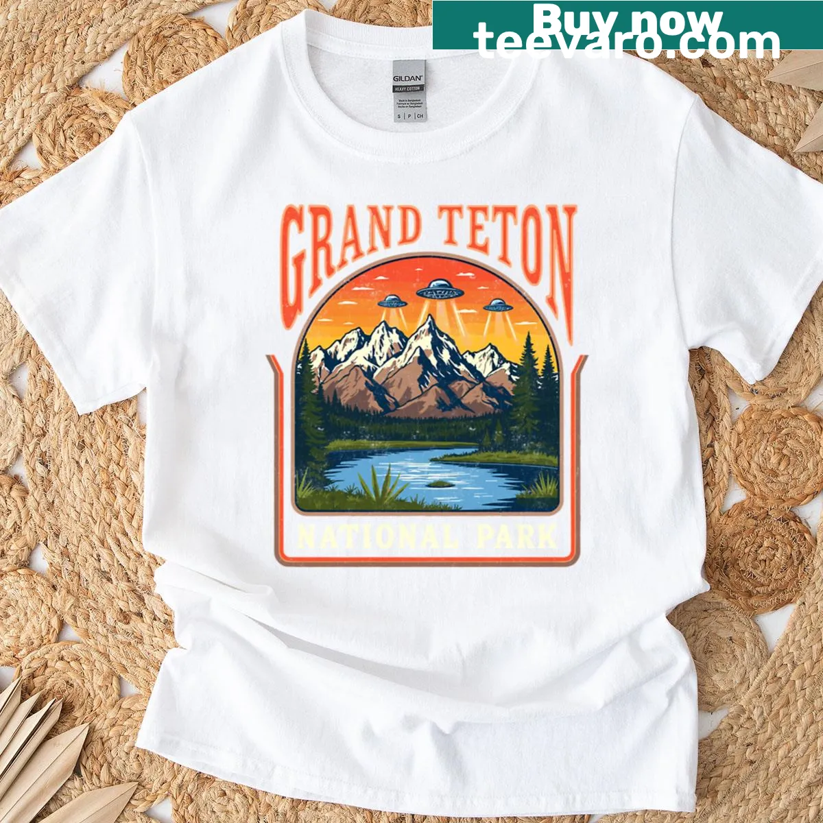 Funny UFO graphic T-shirt featuring Grand Teton National Park — on a men's t-shirt