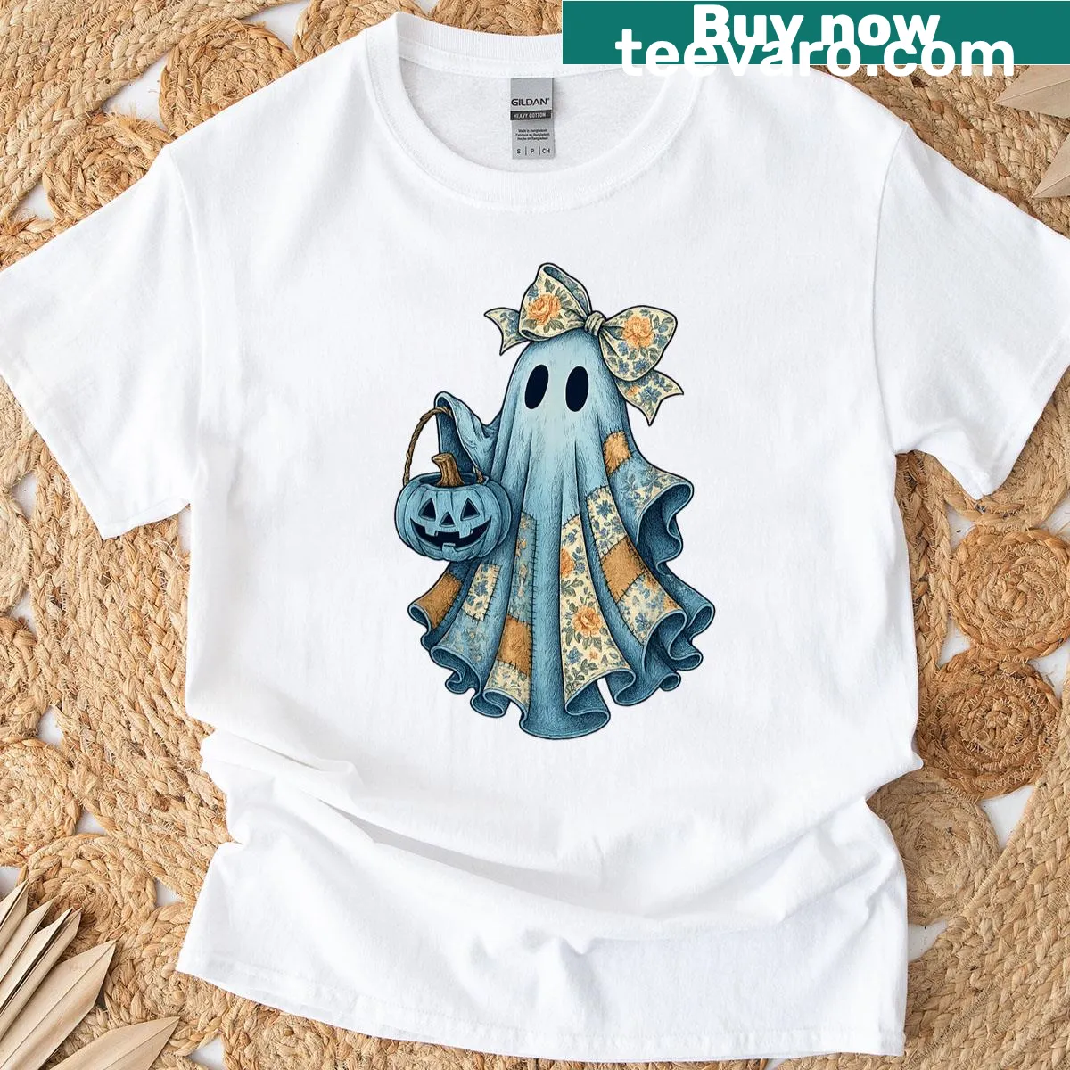 Vintage ghost with pumpkins Halloween t-shirt — on a men's t-shirt