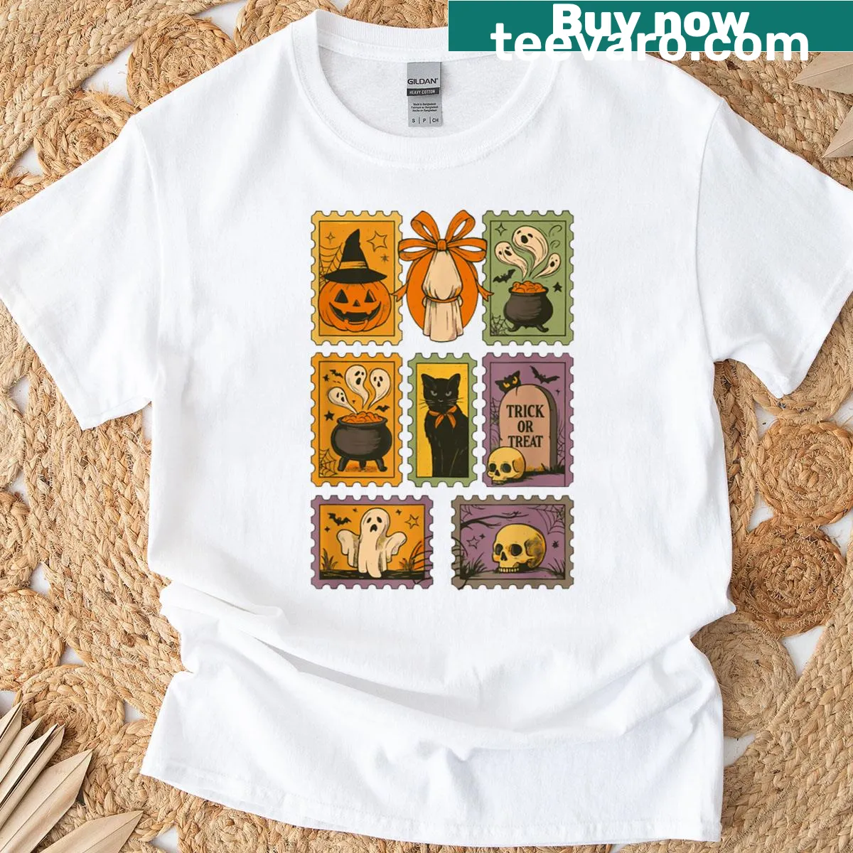 Vintage Halloween t-shirt with ghost cat design — on a men's t-shirt