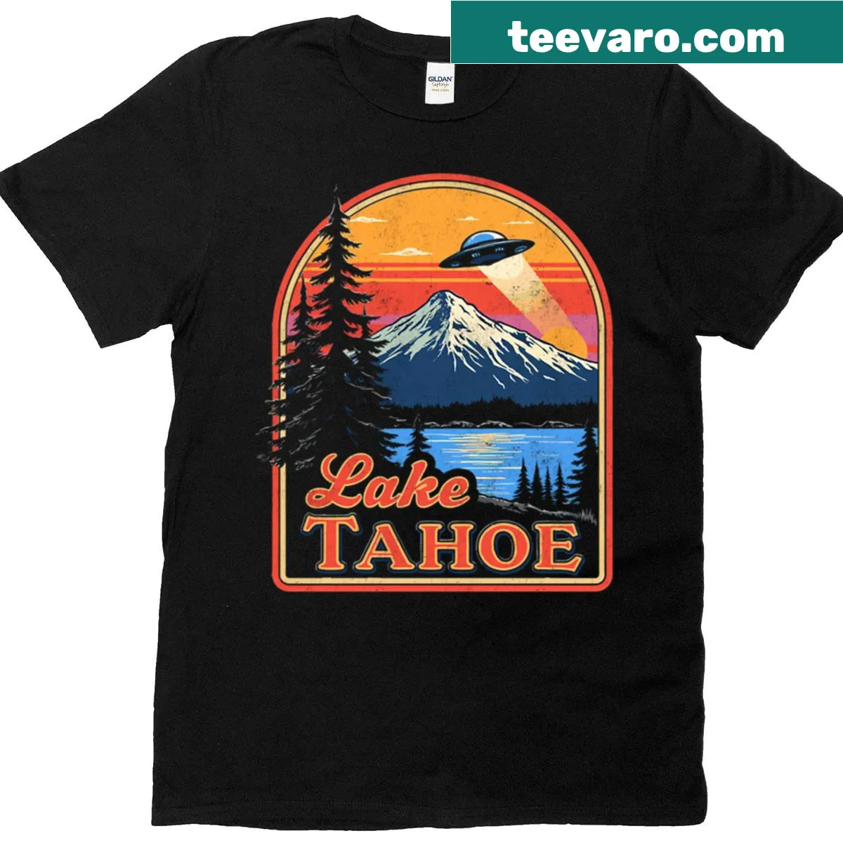 Funny travel t-shirt featuring a UFO and Lake Tahoe graphic — on a men's t-shirt