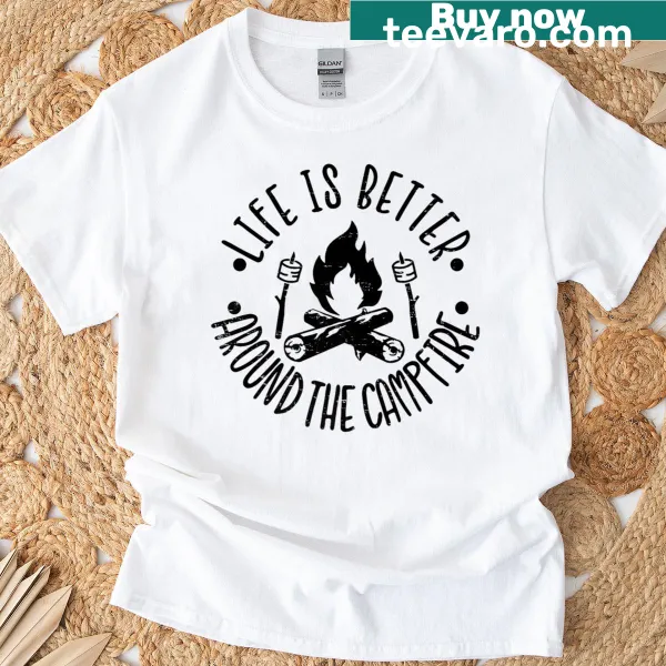 Retro campfire-themed T-shirt with a humorous camping slogan