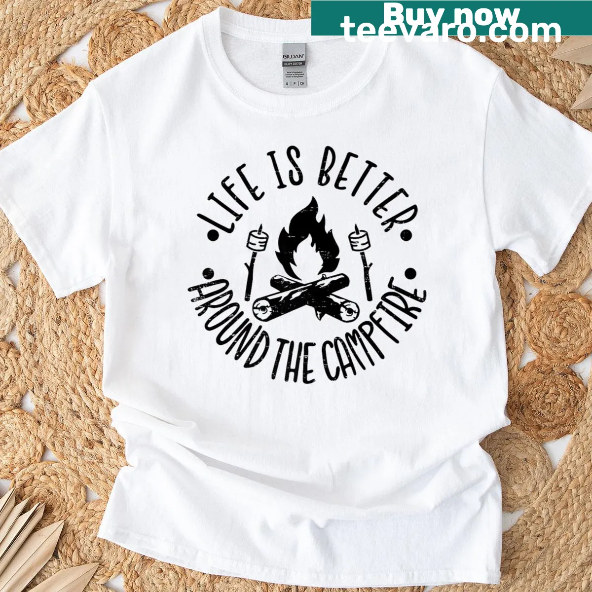 Retro campfire-themed T-shirt with a humorous camping slogan — on a men's t-shirt