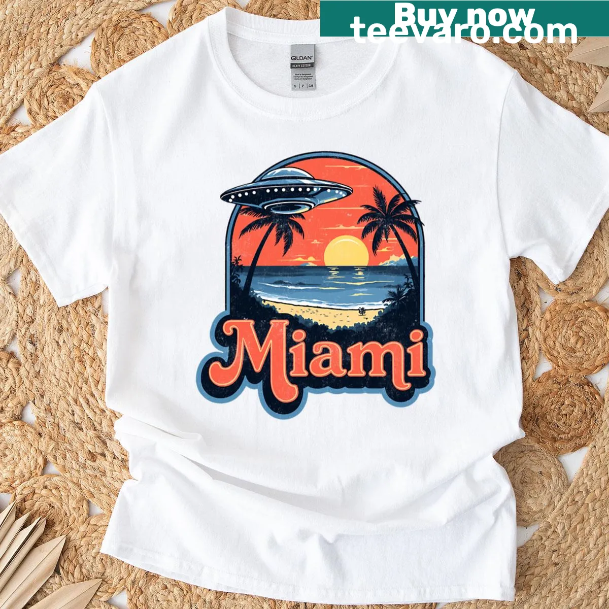Funny UFO sunset graphic t-shirt design — on a men's t-shirt