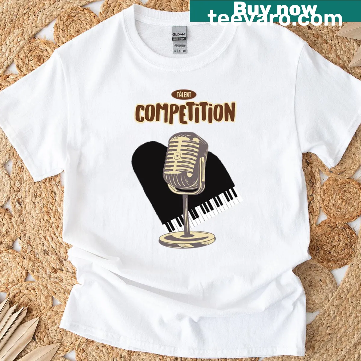 Illustration T-shirt featuring retro music elements like instruments and notes — on a men's t-shirt