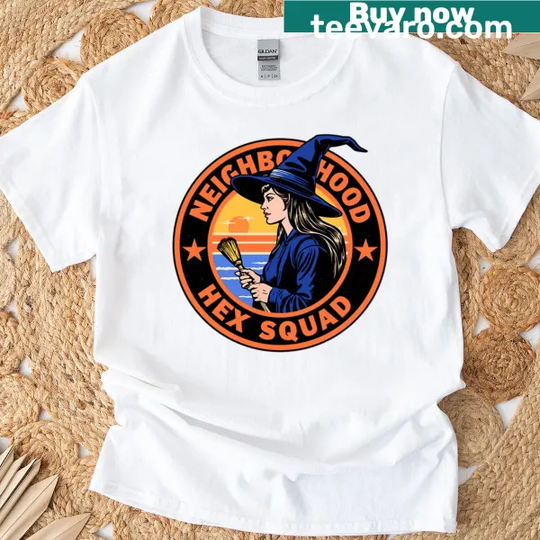 Funny cartoon witches graphic on a retro-style t-shirt