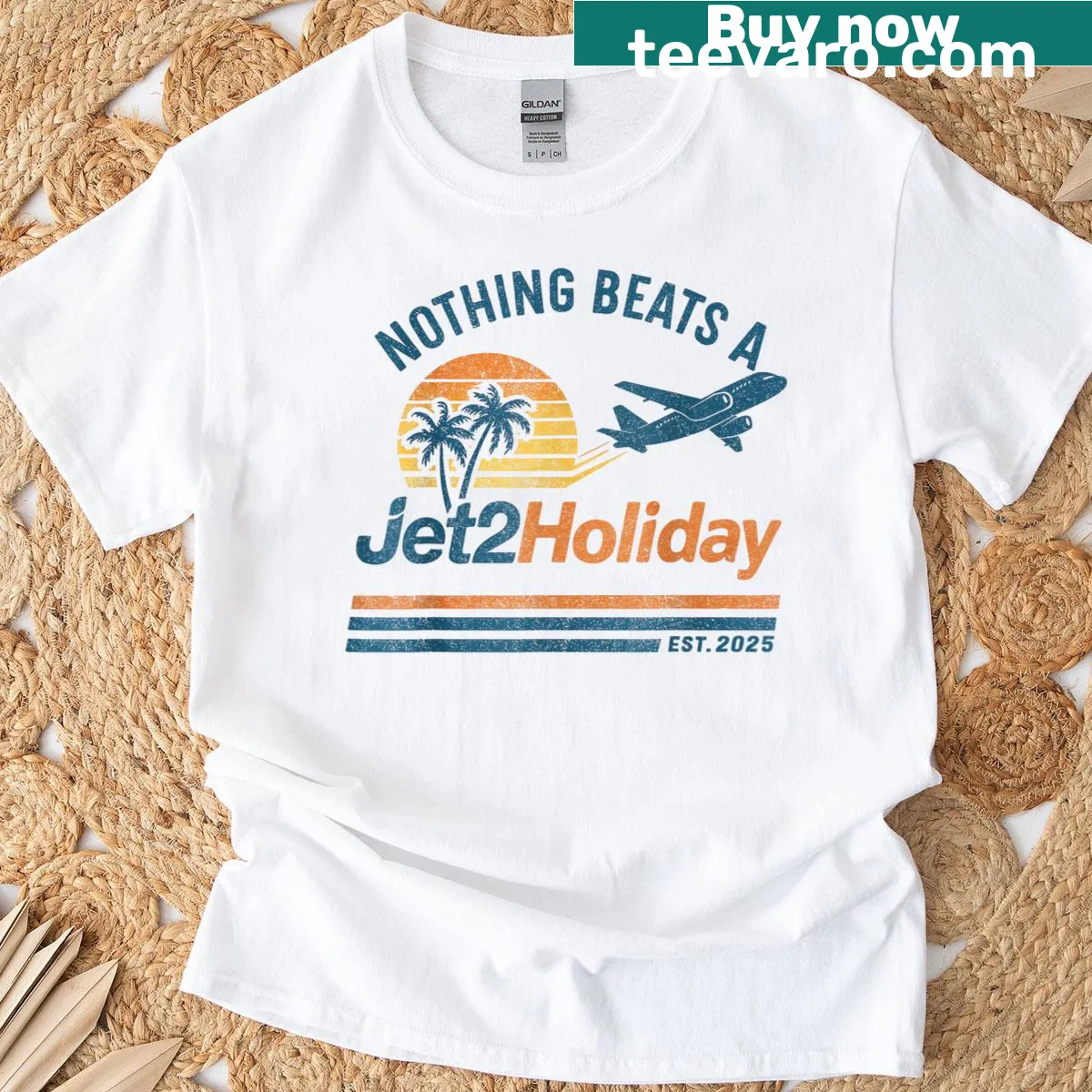 Vintage beach t-shirt featuring 'Nothing Beats A Jet2 Holiday' design. — on a men's t-shirt
