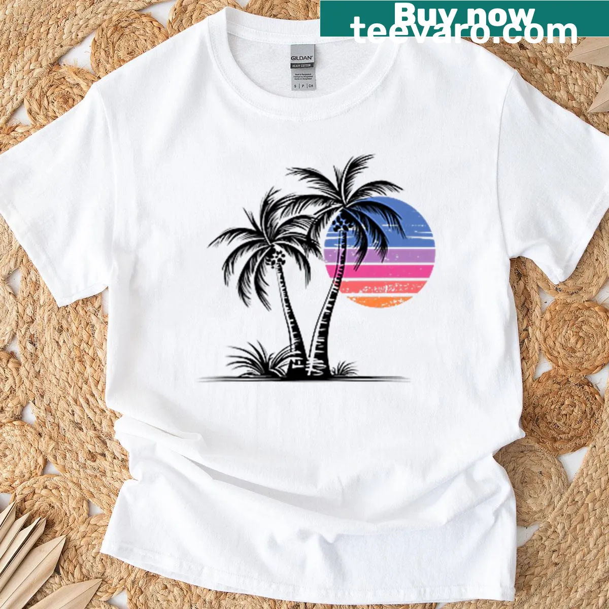 Vintage beach sunset graphic with palm trees on a t-shirt — on a men's t-shirt