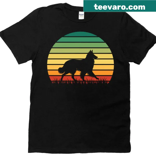 Silhouette of a Collie against a retro sunset on a vintage T-shirt
