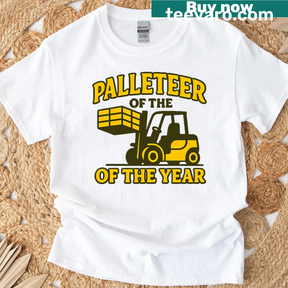 Retro graphic of a yellow forklift on a T-shirt — on a men's t-shirt