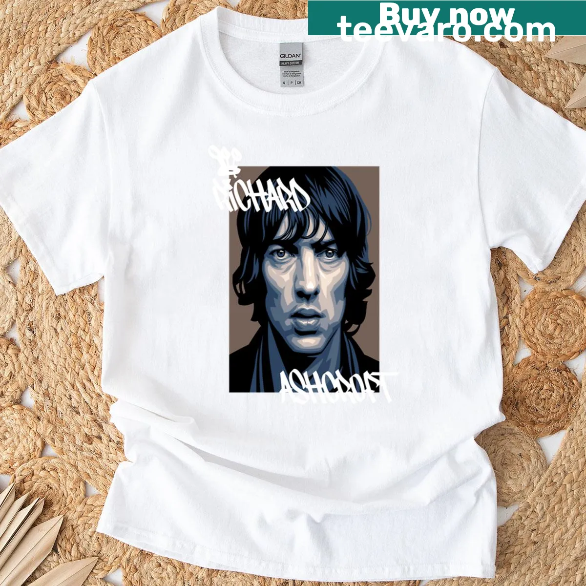Minimalist t-shirt with Richard Ashcroft white text design — on a men's t-shirt